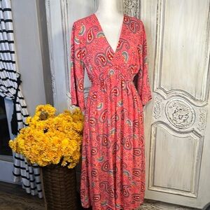 Sacred Threads Cotton Paisley Pink Women's Empire Waist Flair Sleeve Dress